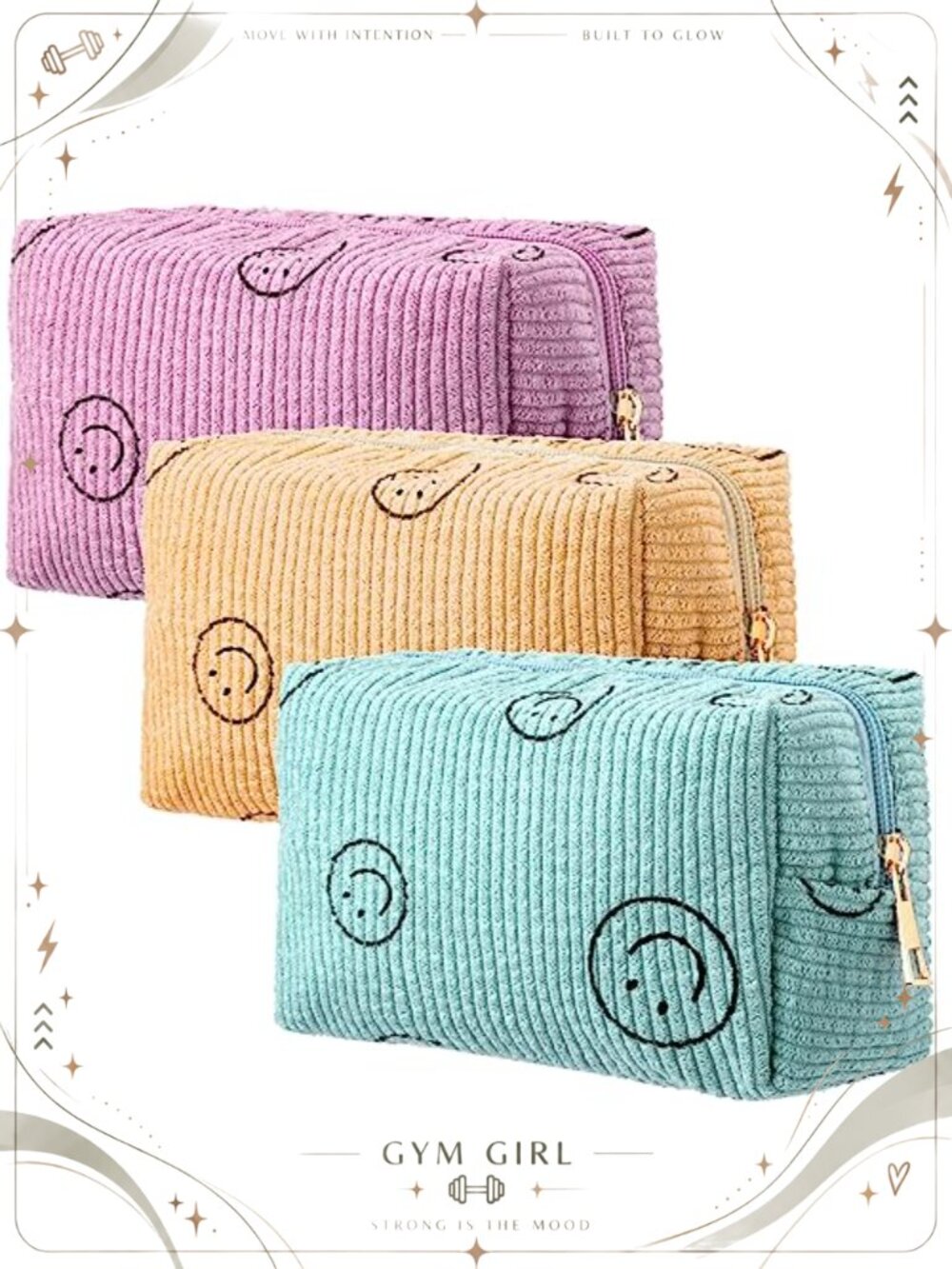 Corduroy Makeup Bag Pouch Set - Smile Face Cosmetic Organizer Travel Toiletry